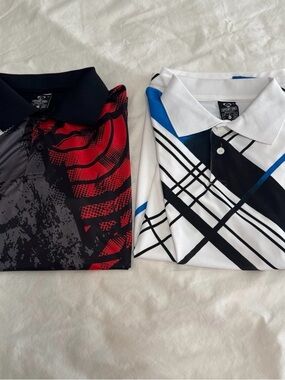 Two NWT Golf Shirts - Red & Black / White & Blue